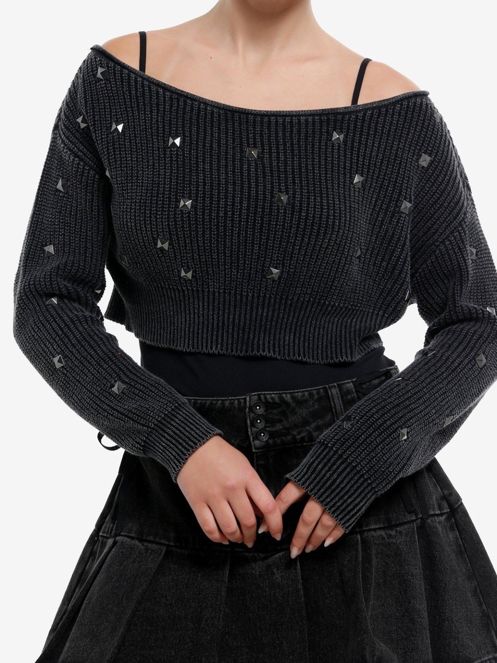 NWT Social Collision Gray Studded Off-Shoulder Crop Sweater - Size L